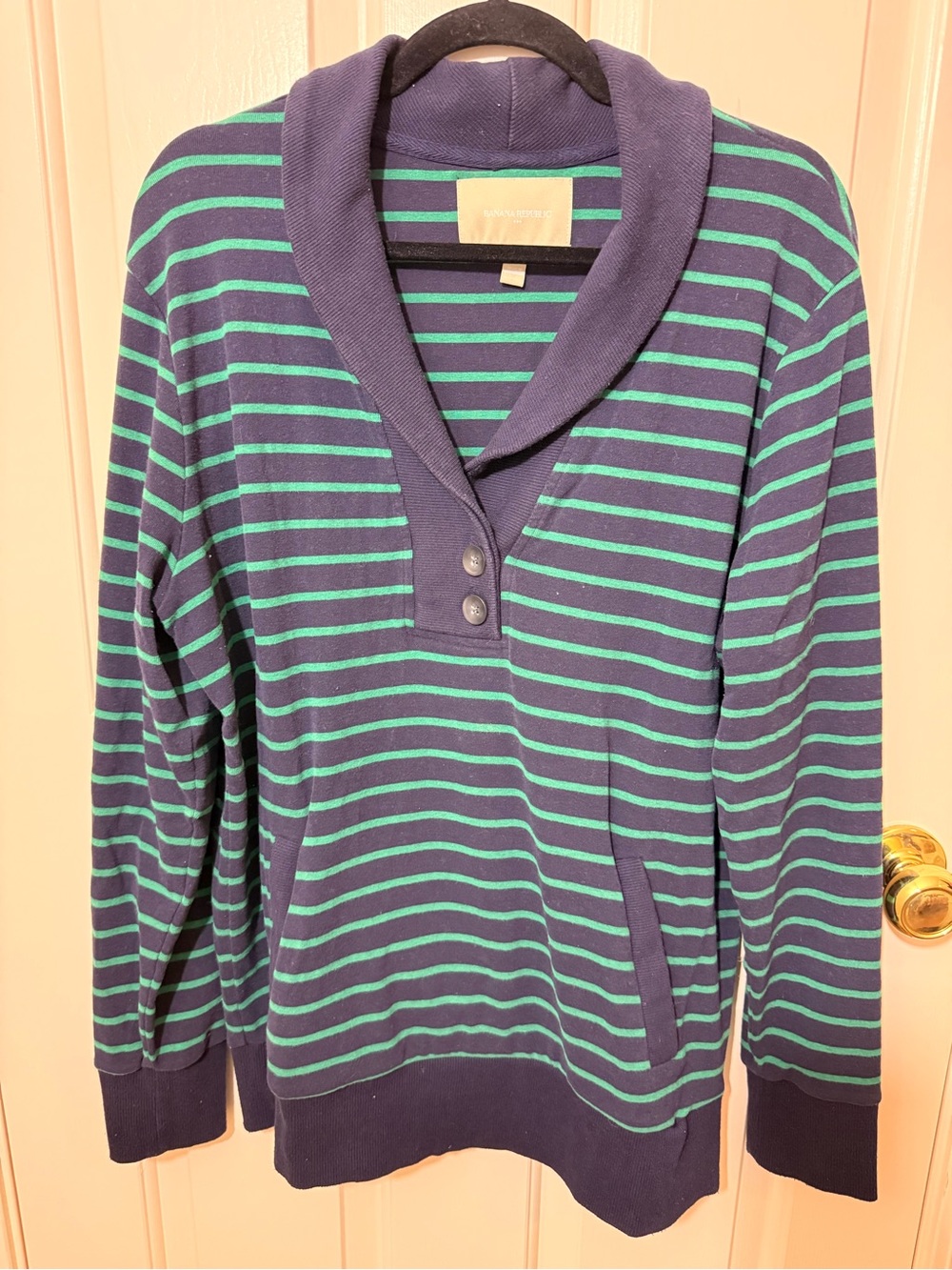 Banana Republic Navy & Teal Striped Shawl-Collar Pullover